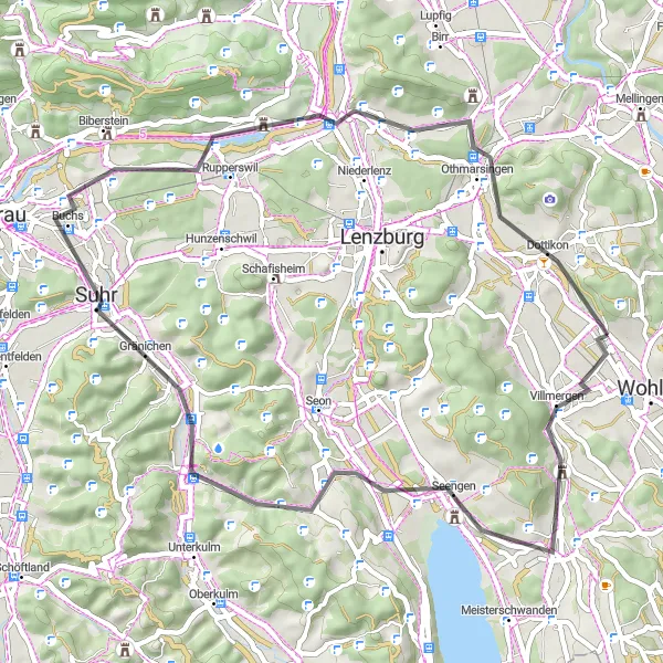 Miniatura della mappa di ispirazione al ciclismo "Giro in bicicletta attraverso Hallwilersee" nella regione di Nordwestschweiz, Switzerland. Generata da Tarmacs.app, pianificatore di rotte ciclistiche