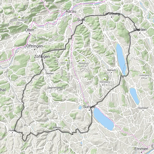 Miniature de la carte de l'inspiration cycliste "Canton of Lucerne Circuit" dans la Nordwestschweiz, Switzerland. Générée par le planificateur d'itinéraire cycliste Tarmacs.app