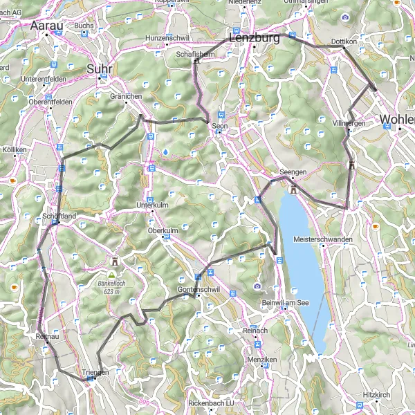 Zemljevid v pomanjšavi "Villmergen - Dottikon Road Adventure" kolesarske inspiracije v Nordwestschweiz, Switzerland. Generirano z načrtovalcem kolesarskih poti Tarmacs.app