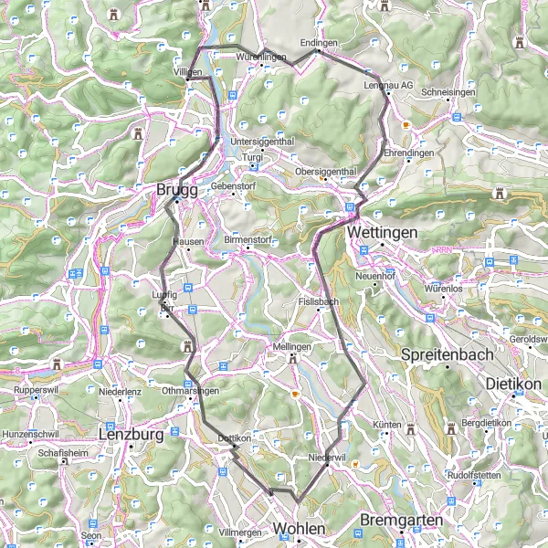 Miniatura della mappa di ispirazione al ciclismo "Esplorazione di Birr e dintorni" nella regione di Nordwestschweiz, Switzerland. Generata da Tarmacs.app, pianificatore di rotte ciclistiche