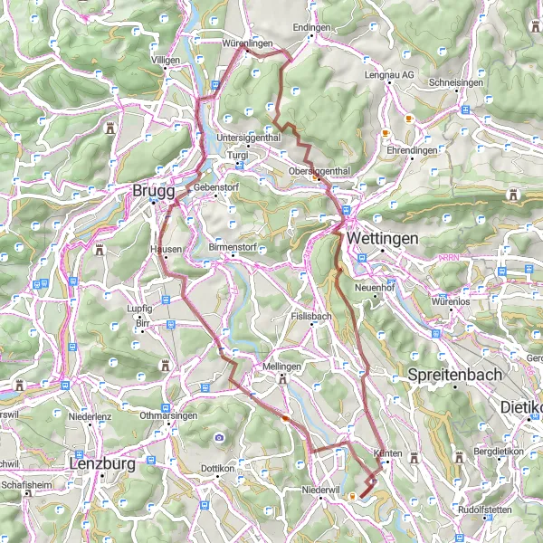 Mapa miniatúra "Gravel okruh cez Würenlingen a Stilli" cyklistická inšpirácia v Nordwestschweiz, Switzerland. Vygenerované cyklistickým plánovačom trás Tarmacs.app