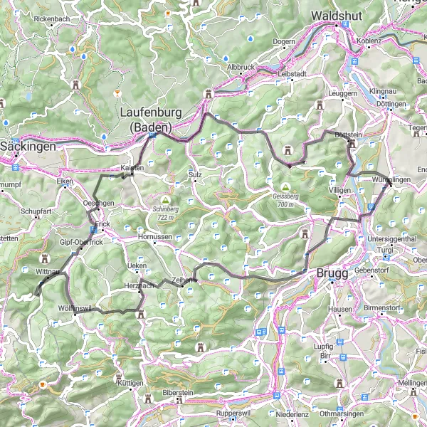 Zemljevid v pomanjšavi "Razgibana cestna pustolovščina v bližini Würenlingena" kolesarske inspiracije v Nordwestschweiz, Switzerland. Generirano z načrtovalcem kolesarskih poti Tarmacs.app