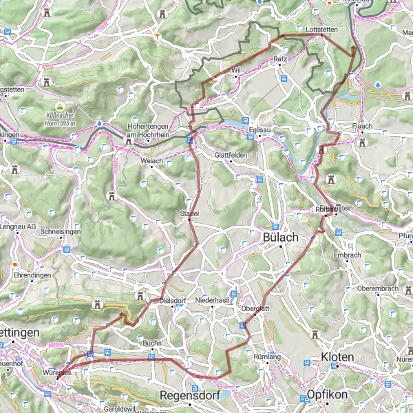 Karttaminiaatyyri "Historiallinen Gravel-reitti Regensbergiin" pyöräilyinspiraatiosta alueella Nordwestschweiz, Switzerland. Luotu Tarmacs.app pyöräilyreittisuunnittelijalla
