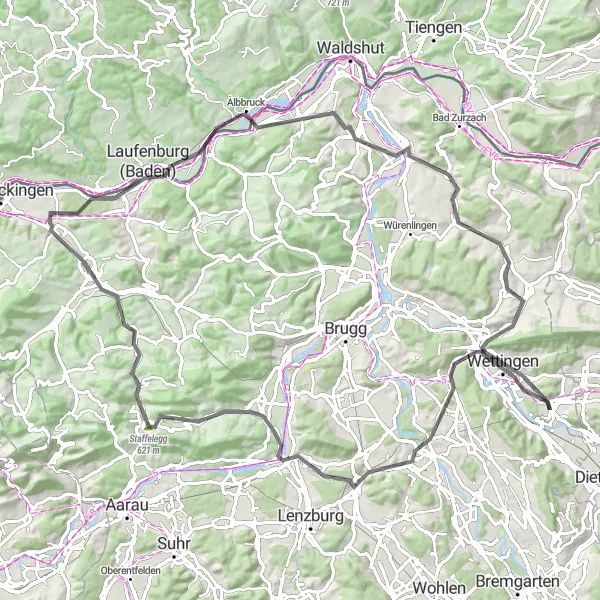 Kartminiatyr av "Landeveissykkeltur til Laufenburg og Geissberg-Chänzeli" sykkelinspirasjon i Nordwestschweiz, Switzerland. Generert av Tarmacs.app sykkelrutoplanlegger