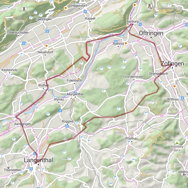 Map miniature of "Scenic Gravel Ride near Zofingen" cycling inspiration in Nordwestschweiz, Switzerland. Generated by Tarmacs.app cycling route planner