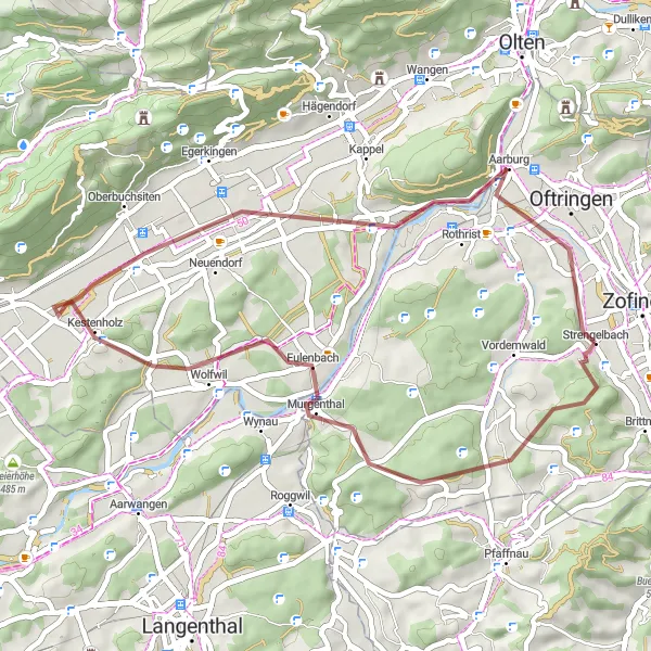 Map miniature of "Tranquil Gravel Escape from Zofingen" cycling inspiration in Nordwestschweiz, Switzerland. Generated by Tarmacs.app cycling route planner