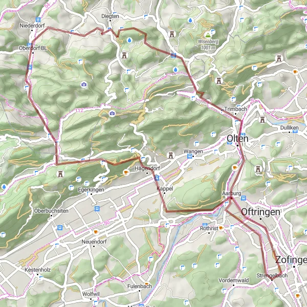 Karten-Miniaturansicht der Radinspiration "Gravel-Rundkurs um Zofingen" in Nordwestschweiz, Switzerland. Erstellt vom Tarmacs.app-Routenplaner für Radtouren