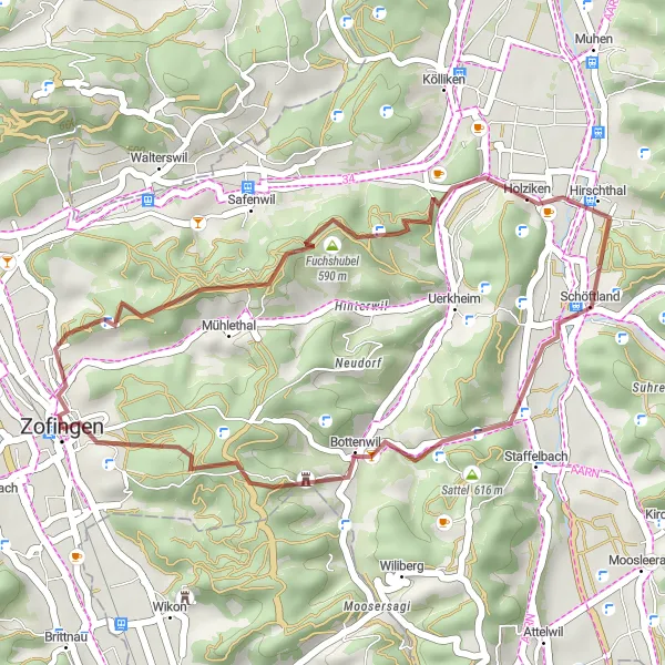 Miniaturní mapa "Trasa Gravel kolem Zofingenu" inspirace pro cyklisty v oblasti Nordwestschweiz, Switzerland. Vytvořeno pomocí plánovače tras Tarmacs.app