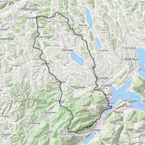 Map miniature of "Zofingen Round-Trip Cycling Route" cycling inspiration in Nordwestschweiz, Switzerland. Generated by Tarmacs.app cycling route planner