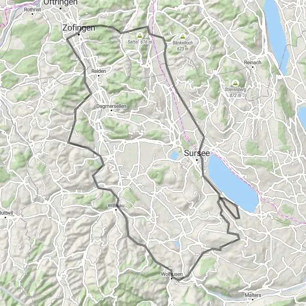 Miniaturní mapa "Road cesta přes střední Švýcarsko" inspirace pro cyklisty v oblasti Nordwestschweiz, Switzerland. Vytvořeno pomocí plánovače tras Tarmacs.app