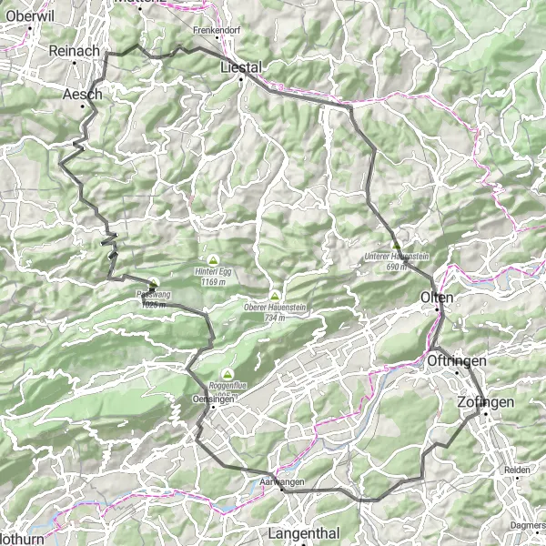 Miniatura della mappa di ispirazione al ciclismo "Giro in bicicletta da Zofingen a Zofingen attraverso le strade panoramiche della Svizzera nord-occidentale" nella regione di Nordwestschweiz, Switzerland. Generata da Tarmacs.app, pianificatore di rotte ciclistiche