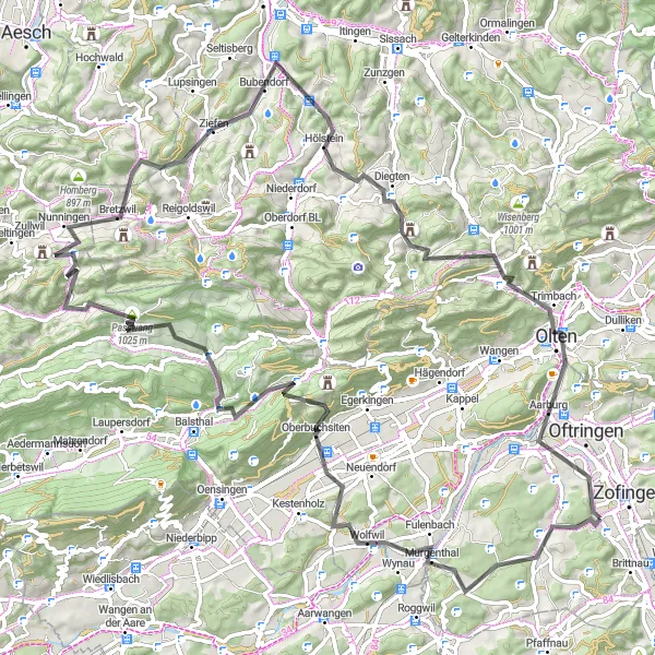 Map miniature of "Challenging Road Ride near Zofingen" cycling inspiration in Nordwestschweiz, Switzerland. Generated by Tarmacs.app cycling route planner