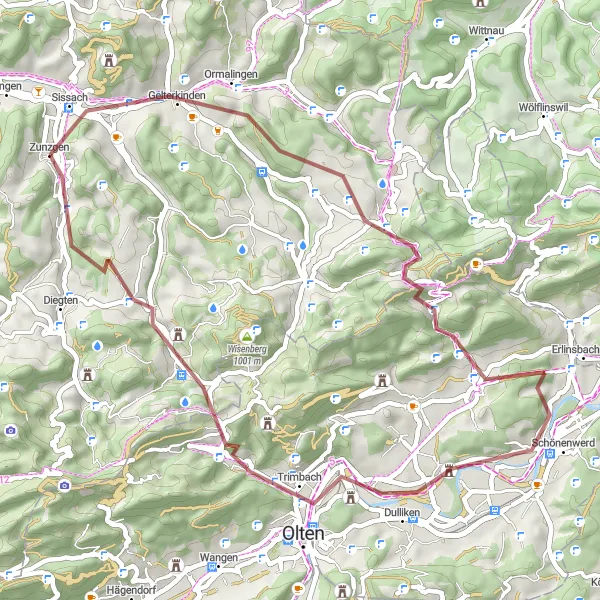 Kartminiatyr av "Bergen og skoger i Nordvest-Sveits Grusvei Eventyr" sykkelinspirasjon i Nordwestschweiz, Switzerland. Generert av Tarmacs.app sykkelrutoplanlegger