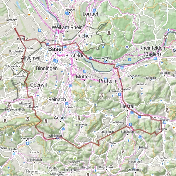 Miniatura della mappa di ispirazione al ciclismo "Giro in Gravel verso Hégenheim e Ergolz-Wasserfall" nella regione di Nordwestschweiz, Switzerland. Generata da Tarmacs.app, pianificatore di rotte ciclistiche