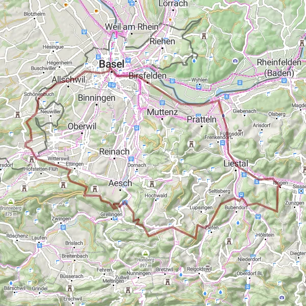 Kartminiatyr av "Grustur gjennom Basel-regionen" sykkelinspirasjon i Nordwestschweiz, Switzerland. Generert av Tarmacs.app sykkelrutoplanlegger