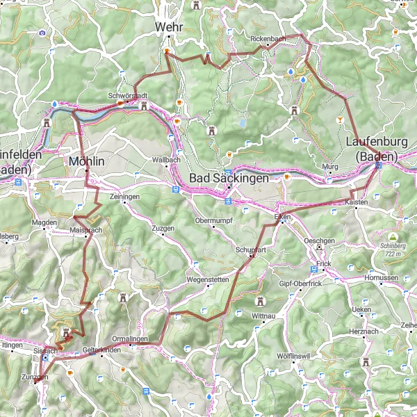 Map miniature of "Gravel Adventure to Laufenburg" cycling inspiration in Nordwestschweiz, Switzerland. Generated by Tarmacs.app cycling route planner