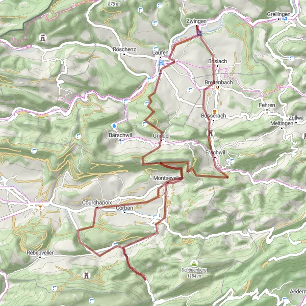 Kartminiatyr av "Kupert grusvei sykkeltur til Laufen" sykkelinspirasjon i Nordwestschweiz, Switzerland. Generert av Tarmacs.app sykkelrutoplanlegger