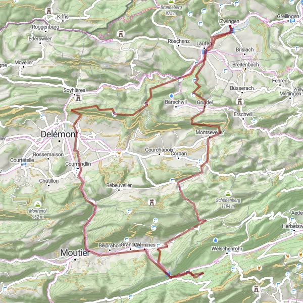 Miniaturekort af cykelinspirationen "Zwingen bjergtur" i Nordwestschweiz, Switzerland. Genereret af Tarmacs.app cykelruteplanlægger