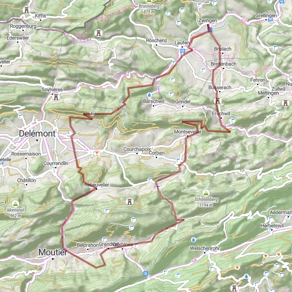 Zemljevid v pomanjšavi "Zwingen do Laufen in nazaj" kolesarske inspiracije v Nordwestschweiz, Switzerland. Generirano z načrtovalcem kolesarskih poti Tarmacs.app