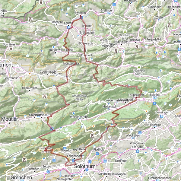 Miniatura della mappa di ispirazione al ciclismo "Giro in Gravel attraverso Brislach e Laupersdorf" nella regione di Nordwestschweiz, Switzerland. Generata da Tarmacs.app, pianificatore di rotte ciclistiche