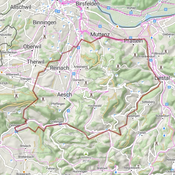 Miniatua del mapa de inspiración ciclista "Ruta de Grava a través de Liestal y Grellingen" en Nordwestschweiz, Switzerland. Generado por Tarmacs.app planificador de rutas ciclistas