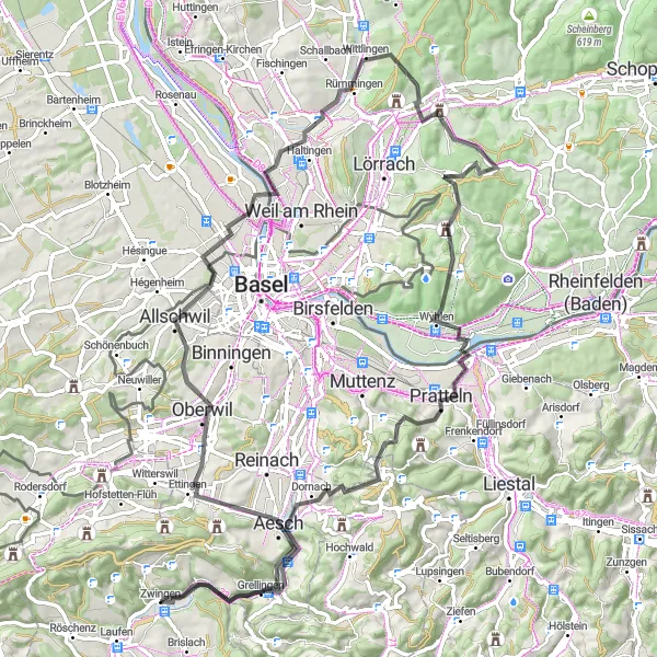 Miniaturekort af cykelinspirationen "Aesch rundtur" i Nordwestschweiz, Switzerland. Genereret af Tarmacs.app cykelruteplanlægger