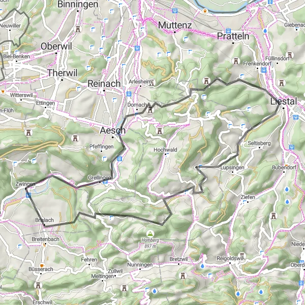 Miniaturní mapa "Silniční trasa Dornach - Brislach" inspirace pro cyklisty v oblasti Nordwestschweiz, Switzerland. Vytvořeno pomocí plánovače tras Tarmacs.app
