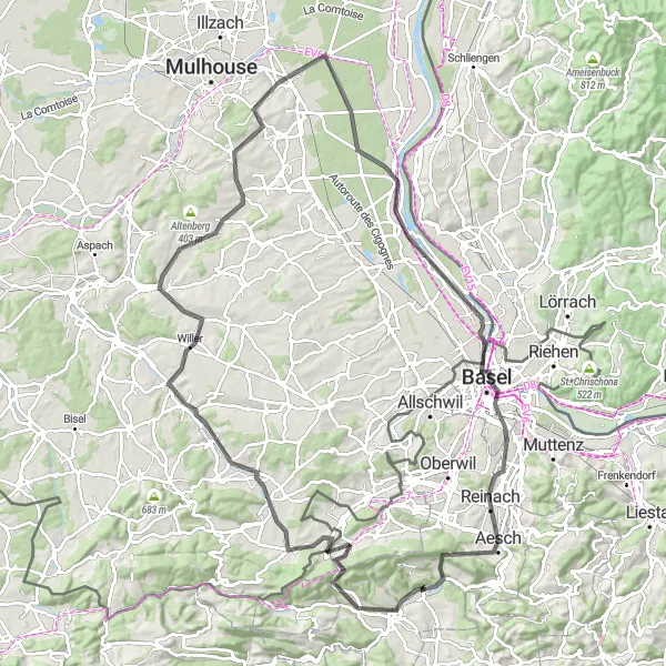 Miniatura della mappa di ispirazione al ciclismo "Giro in bicicletta da Zwingen a Basilea" nella regione di Nordwestschweiz, Switzerland. Generata da Tarmacs.app, pianificatore di rotte ciclistiche