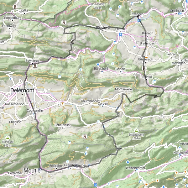 Kartminiatyr av "Zwingen - Delémont - Laufen Loop" cykelinspiration i Nordwestschweiz, Switzerland. Genererad av Tarmacs.app cykelruttplanerare