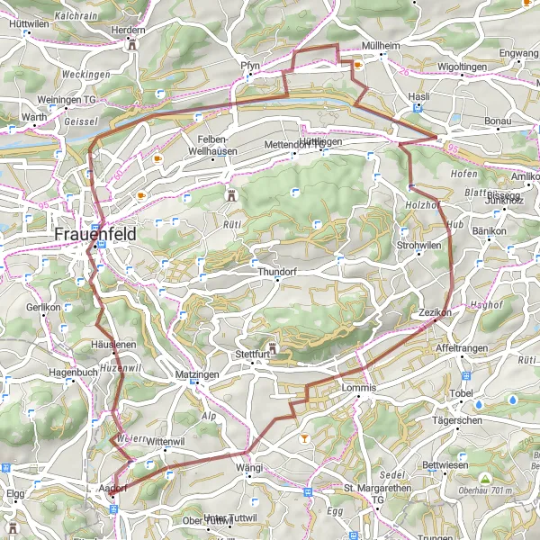 Map miniature of "Gravel Adventure to Frauenfeld" cycling inspiration in Ostschweiz, Switzerland. Generated by Tarmacs.app cycling route planner