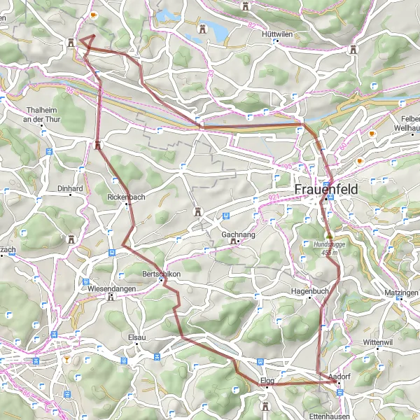 Miniatua del mapa de inspiración ciclista "Ruta de Grava por Aadorf y alrededores" en Ostschweiz, Switzerland. Generado por Tarmacs.app planificador de rutas ciclistas