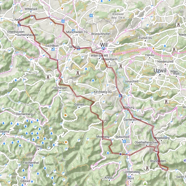 Miniature de la carte de l'inspiration cycliste "Les collines de Mosnang" dans la Ostschweiz, Switzerland. Générée par le planificateur d'itinéraire cycliste Tarmacs.app