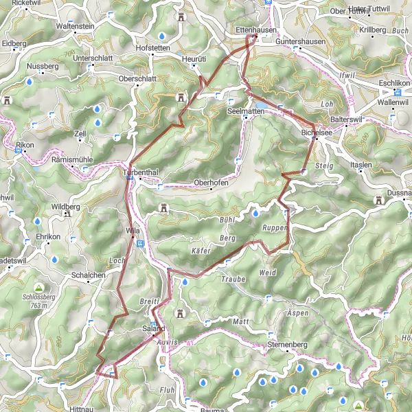 Mapa miniatúra "Gravel route around Aadorf via Bichelsee and Zimberg" cyklistická inšpirácia v Ostschweiz, Switzerland. Vygenerované cyklistickým plánovačom trás Tarmacs.app