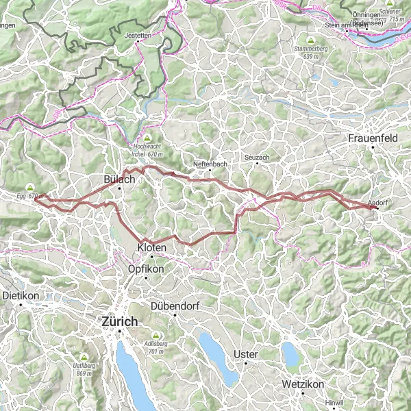 Zemljevid v pomanjšavi "Dolga kolesarska pot skozi Brütten in Regensberg" kolesarske inspiracije v Ostschweiz, Switzerland. Generirano z načrtovalcem kolesarskih poti Tarmacs.app