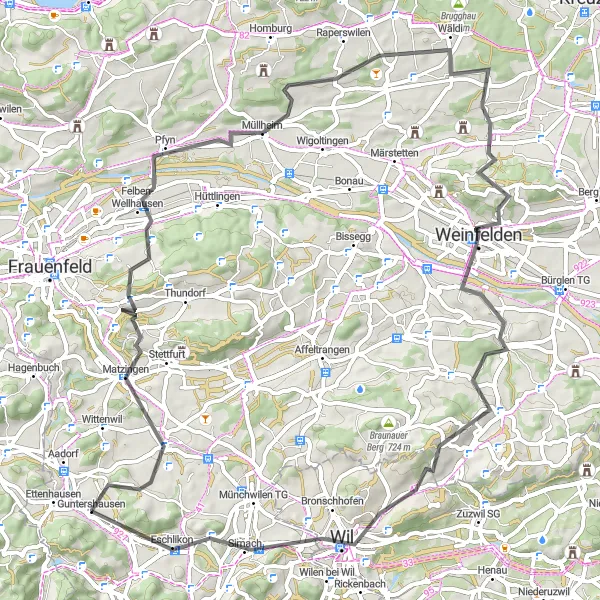 Zemljevid v pomanjšavi "Cikeljka skozi slikovite vasi vzhodne Švice" kolesarske inspiracije v Ostschweiz, Switzerland. Generirano z načrtovalcem kolesarskih poti Tarmacs.app