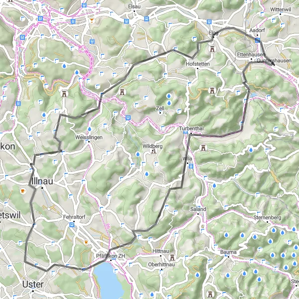 Miniaturní mapa "Cyklistický okruh kolem Pfäffikonu" inspirace pro cyklisty v oblasti Ostschweiz, Switzerland. Vytvořeno pomocí plánovače tras Tarmacs.app