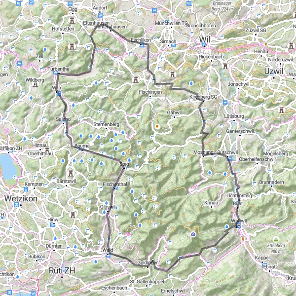 Miniature de la carte de l'inspiration cycliste "Les collines de Wattwil" dans la Ostschweiz, Switzerland. Générée par le planificateur d'itinéraire cycliste Tarmacs.app