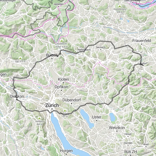 Miniature de la carte de l'inspiration cycliste "Boucle de cyclisme diversifiée vers Zurich" dans la Ostschweiz, Switzerland. Générée par le planificateur d'itinéraire cycliste Tarmacs.app