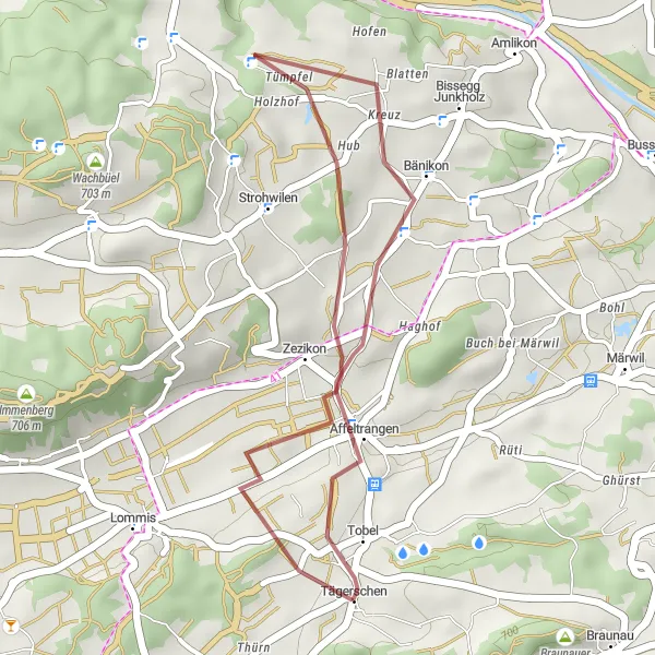 Miniatua del mapa de inspiración ciclista "Ruta por caminos de grava desde Affeltrangen" en Ostschweiz, Switzerland. Generado por Tarmacs.app planificador de rutas ciclistas
