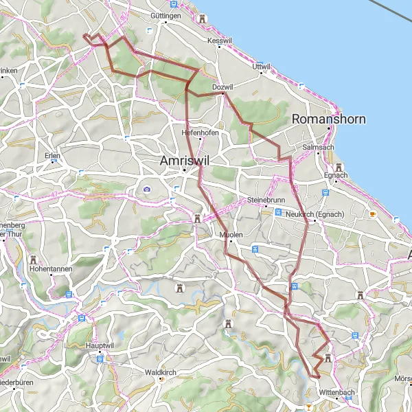 Miniatura della mappa di ispirazione al ciclismo "Avventura Gravel da Altnau a Langrickenbach" nella regione di Ostschweiz, Switzerland. Generata da Tarmacs.app, pianificatore di rotte ciclistiche