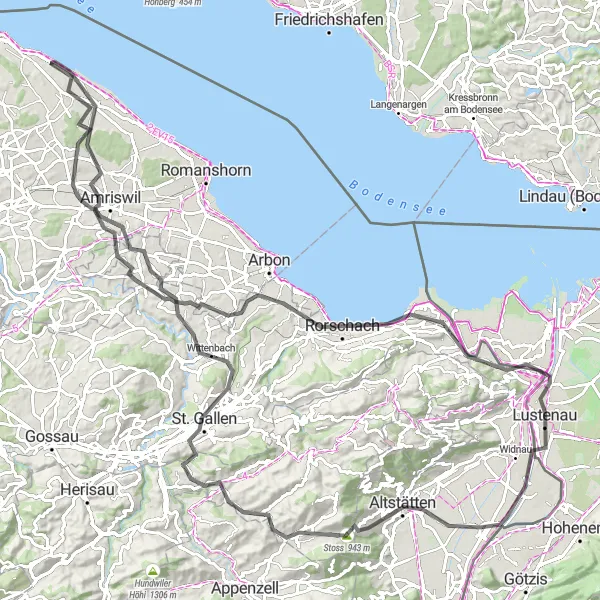 Miniatura della mappa di ispirazione al ciclismo "Avventura ciclistica nell'Ostschweiz" nella regione di Ostschweiz, Switzerland. Generata da Tarmacs.app, pianificatore di rotte ciclistiche