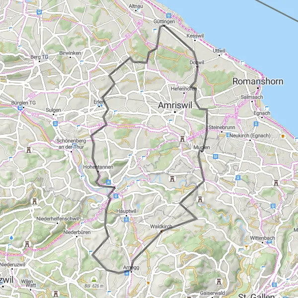 Miniaturní mapa "Trasa na kole kolem kantonu Thurgau a St. Gallen" inspirace pro cyklisty v oblasti Ostschweiz, Switzerland. Vytvořeno pomocí plánovače tras Tarmacs.app