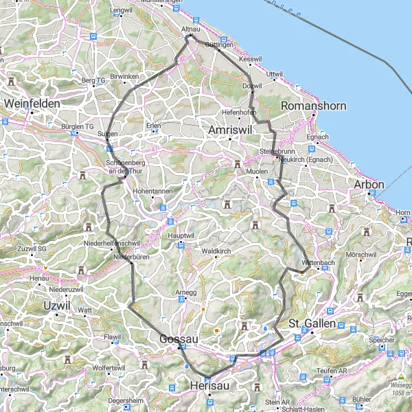 Miniature de la carte de l'inspiration cycliste "Tour panoramique d'Altnau à Sulgen" dans la Ostschweiz, Switzerland. Générée par le planificateur d'itinéraire cycliste Tarmacs.app