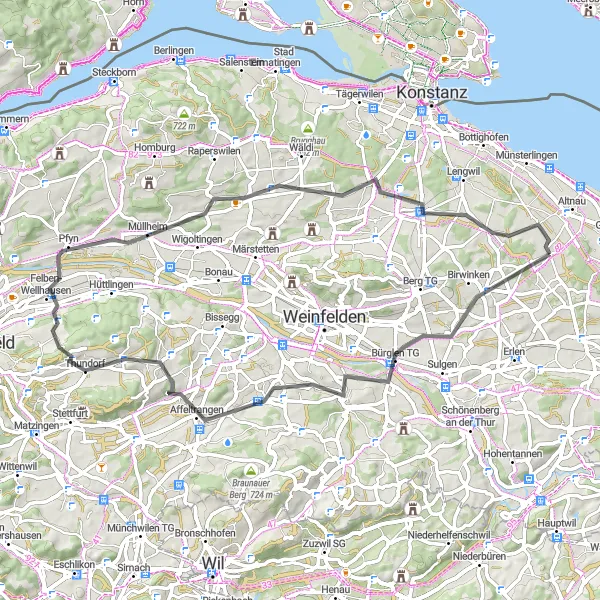 Miniaturní mapa "Road Cycling through Thurgau" inspirace pro cyklisty v oblasti Ostschweiz, Switzerland. Vytvořeno pomocí plánovače tras Tarmacs.app