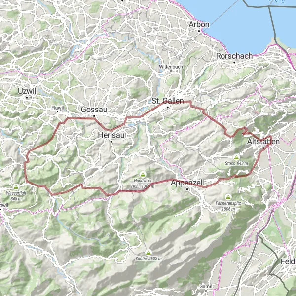 Kartminiatyr av "Eichberg - St. Gallen - Eichberg" cykelinspiration i Ostschweiz, Switzerland. Genererad av Tarmacs.app cykelruttplanerare