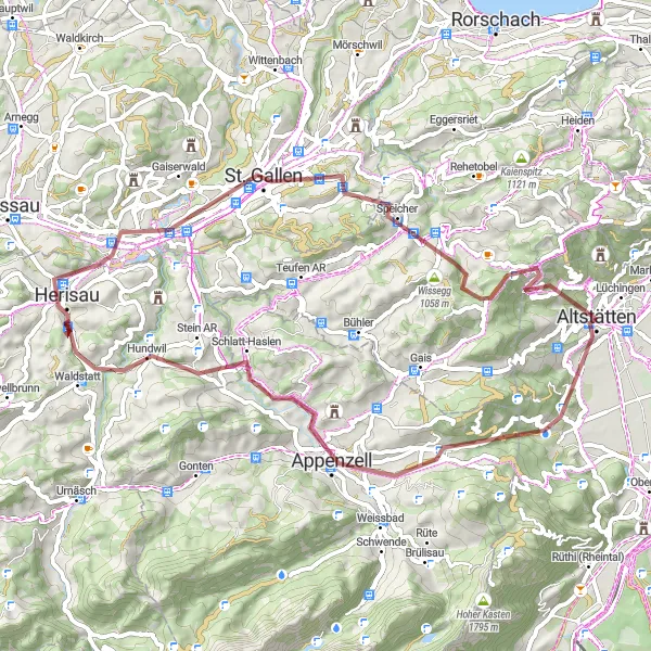 Map miniature of "Panoramic Gravel Loop" cycling inspiration in Ostschweiz, Switzerland. Generated by Tarmacs.app cycling route planner