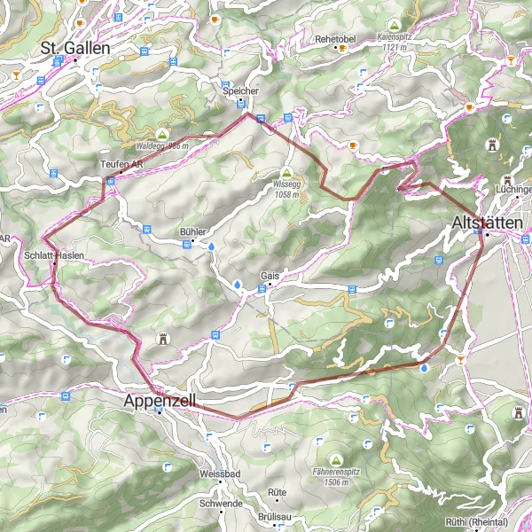 Miniature de la carte de l'inspiration cycliste "Exploration de l'Appenzell Oriental: Défi de Gravel à Travers la Campagne Suisse" dans la Ostschweiz, Switzerland. Générée par le planificateur d'itinéraire cycliste Tarmacs.app
