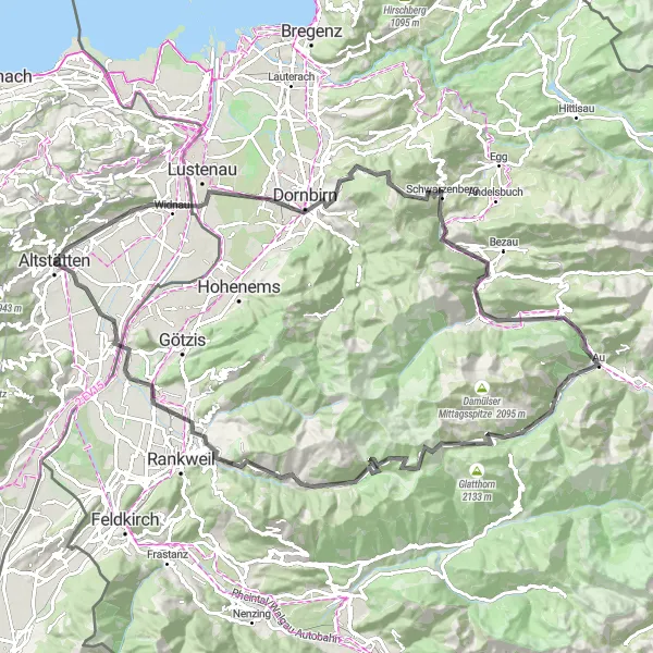 Miniature de la carte de l'inspiration cycliste "Tour du Vorarlberg: Défi de montagne en route à travers la frontière" dans la Ostschweiz, Switzerland. Générée par le planificateur d'itinéraire cycliste Tarmacs.app