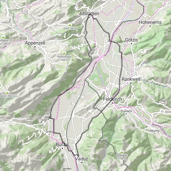 Kartminiatyr av "Altstätten - Vaduz - Altstätten" cykelinspiration i Ostschweiz, Switzerland. Genererad av Tarmacs.app cykelruttplanerare