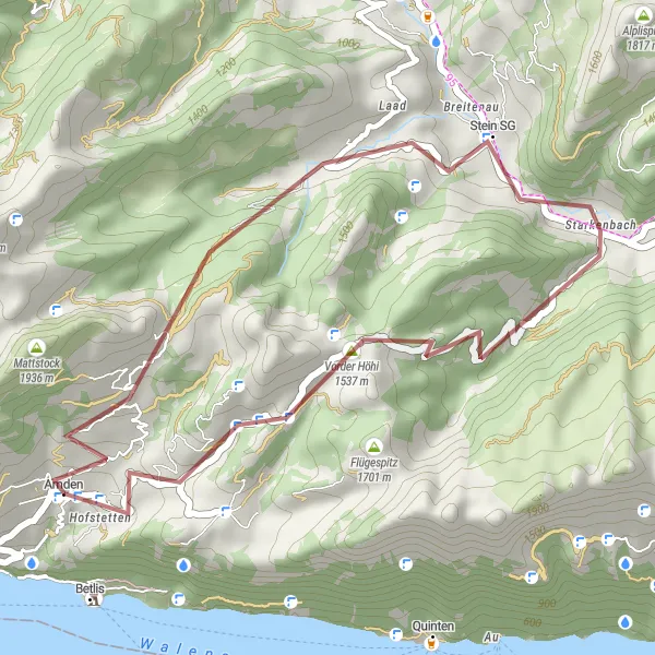 Miniatua del mapa de inspiración ciclista "Breve ruta de ciclismo de grava Raaberg-Amden" en Ostschweiz, Switzerland. Generado por Tarmacs.app planificador de rutas ciclistas